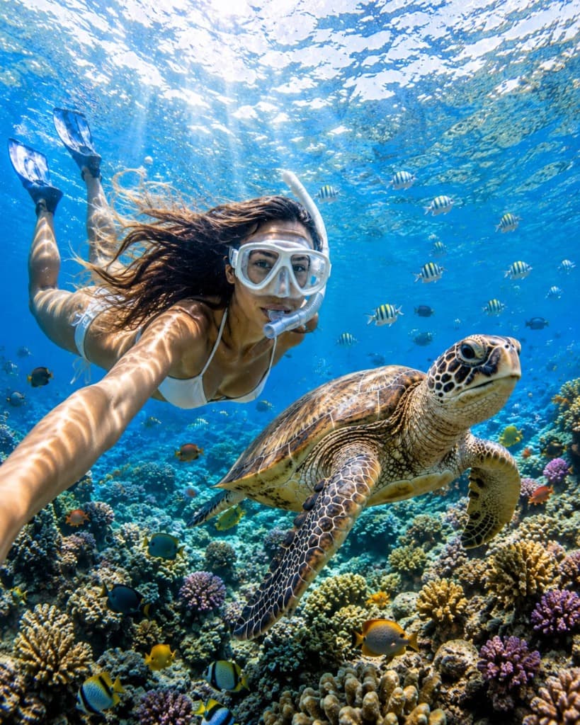 Snorkeler selfie with wild green turtle in Mirissa